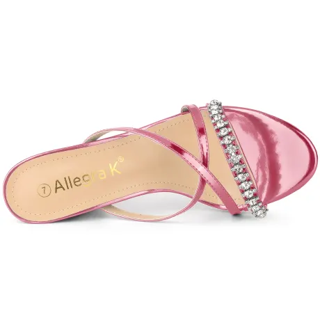 Allegra K - Cross Strap Rhinestone Block Heeled Slide Sandals