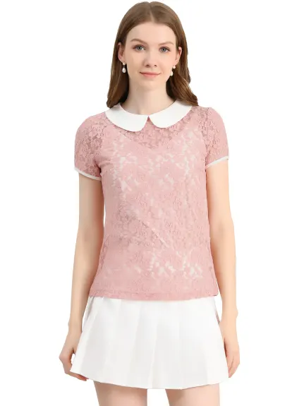 Allegra K- Contrast Peter Pan Collar Sheer Lace Top