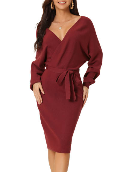 Allegra K - Deep Wrap V Neck Belted Sweater Dress