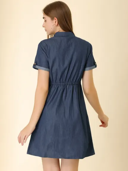 Allegra K- robe Jean Chambray cravate taille printemps Casual bouton vers le bas robes Denim