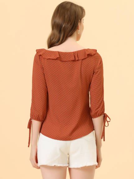 Allegra K- Ruffled Neck Half Sleeve Sheer Polka Dots Blouse