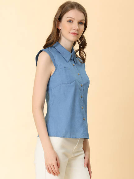 Allegra K- Cap Sleeve Turn Down Collar Shirt