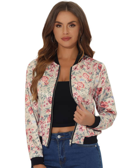 Allegra K- Stand Collar Zip up Print Crop Bomber Jacket