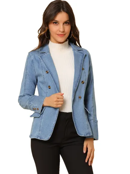 Allegra K- Veste en jean boutonnée à revers cranté avec poches