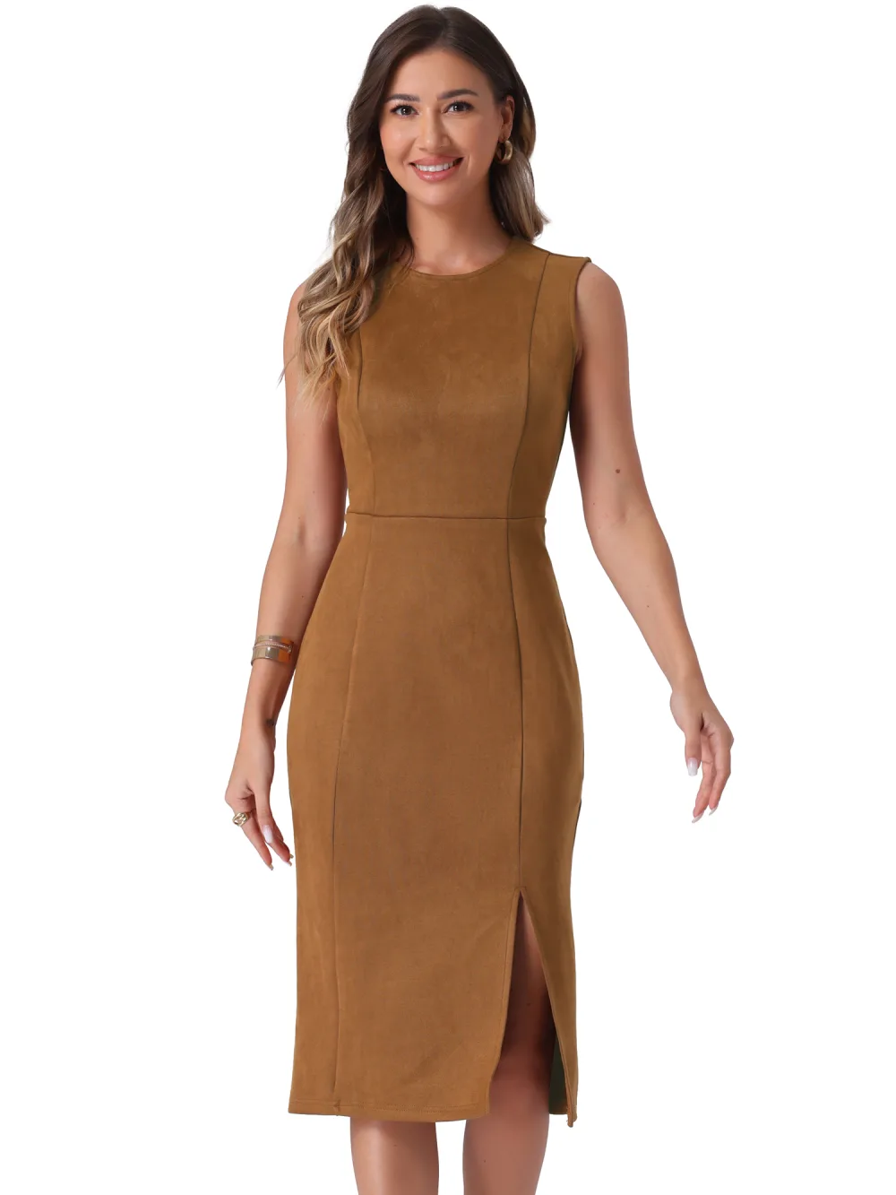 INSPIRE CHIC - Faux Suede Split Hem Work Dress