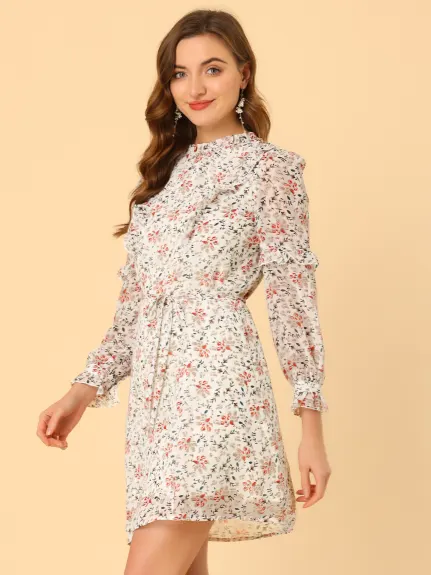 Allegra K- Floral Tie Waist Ruffle Sleeve Chiffon Dress