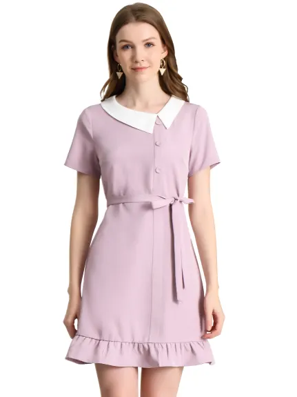 Allegra K- Ruffle Hem Belted Short-Sleeve Mini Dress