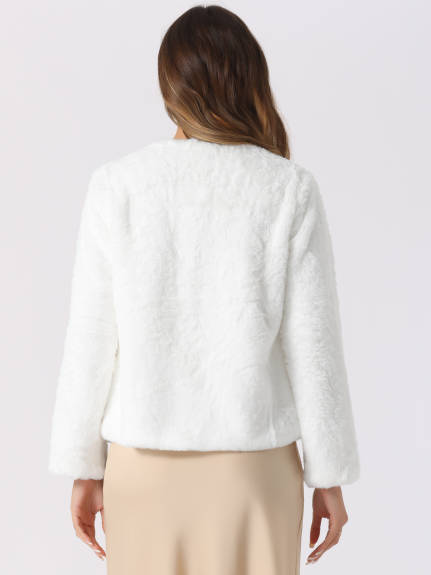 Allegra K - Pearl Button Faux Fur Coat Jacket