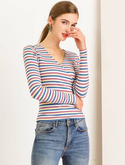 Allegra K- Stripe Rainbow Color Slim Long Sleeve Knit T-Shirt