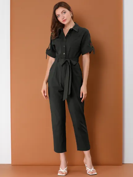 Allegra K- Turndown Collar Button up Tie Waist Cargo Jumpsuit