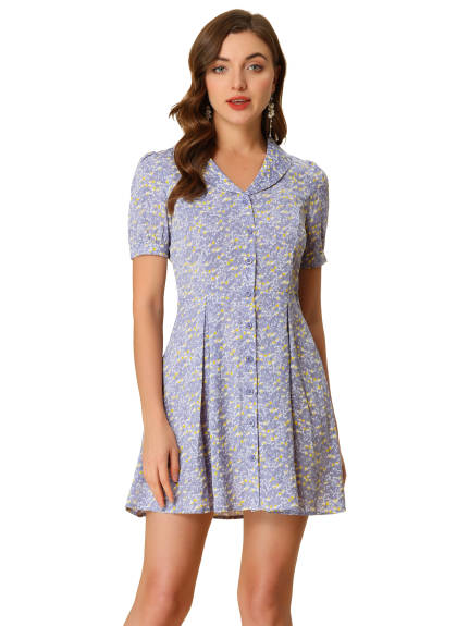 Allegra K- Floral Short Sleeve Button Flare Shirt Dress