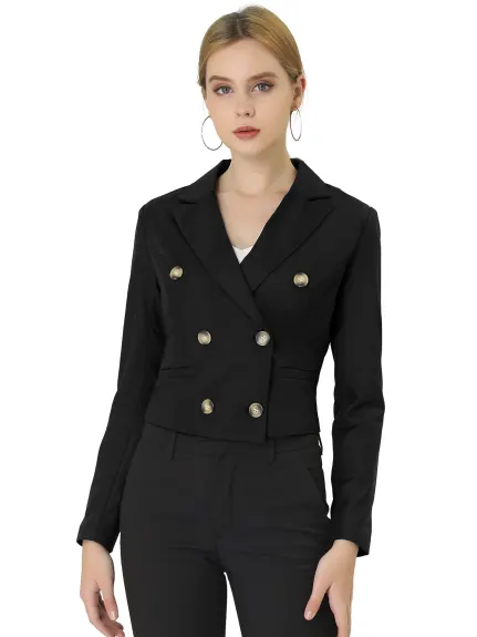 Allegra K- Double Breasted Notched Lapel Cropped Blazer