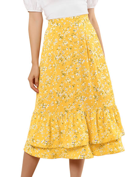 Allegra K- Printed Chiffon Ruffle Tiered Zipper Midi Skirt