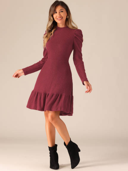 Allegra K - Crew Collar Stretchy Puff Long Sleeve Knit Dress