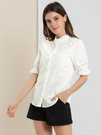 Allegra K - Button Down Cotton Ruffle Neck Shirt