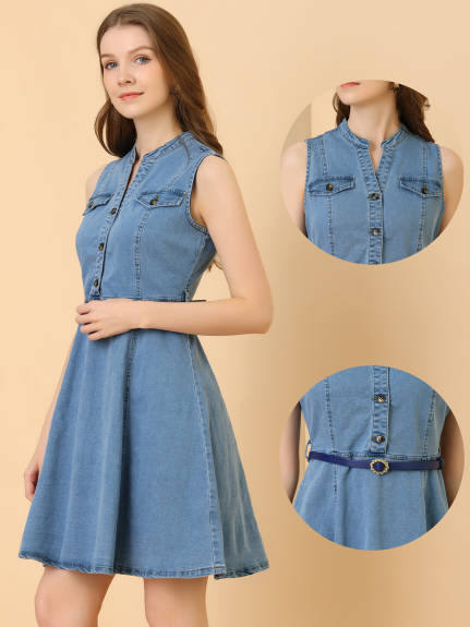 Allegra K- Denim Sleeveless Belted Flare Shirt Dress