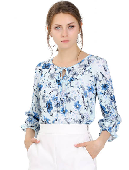 Allegra K- Tie V Neck Ruffled 3/4 Sleeve Floral Blouse