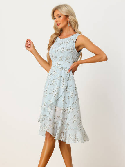 Allegra K- Ruffle Hem Smock Back Waist Floral Wrap Dress