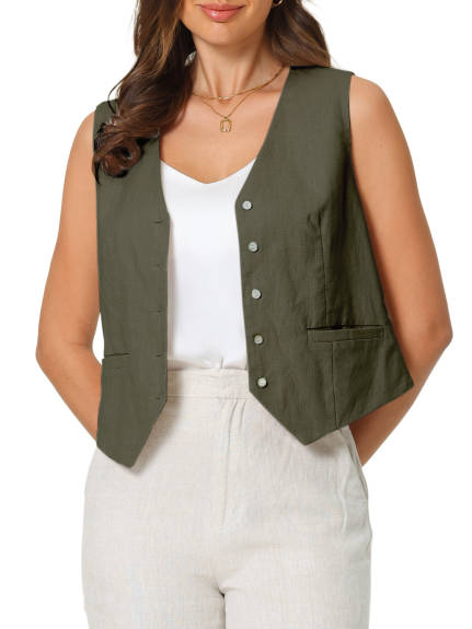 Hobemty- Linen Vest Sleeveless Button Down Waistcoat