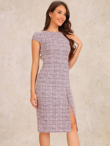 Allegra K - Crewneck Tweed Plaid Bodycon Dress