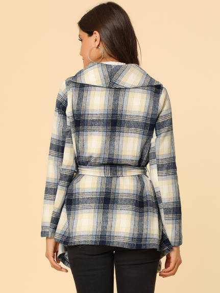 Allegra K- Turn Down Collar Asymmetric Hem Plaids Coat