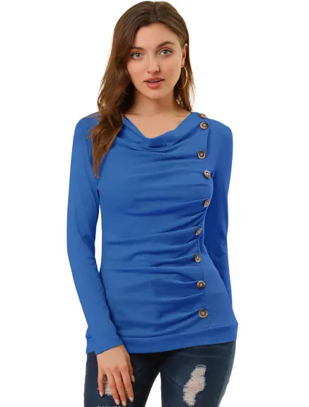 Allegra K- Cowl Neck Buttons Decor Ruched Blouse