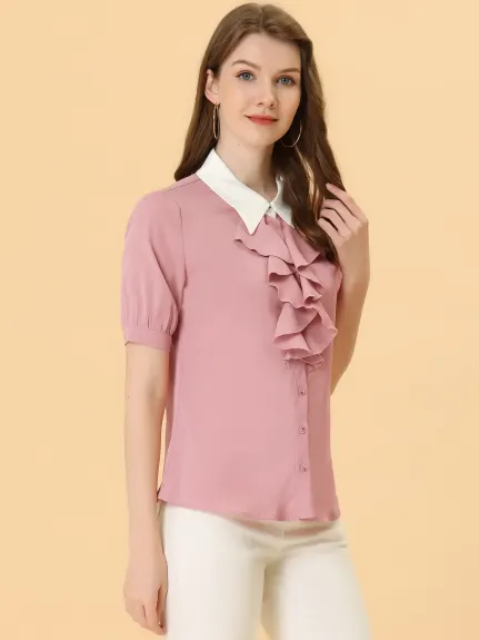 Allegra K- Contrast Collar Tie Ruffle Front Short Sleeve Shirt