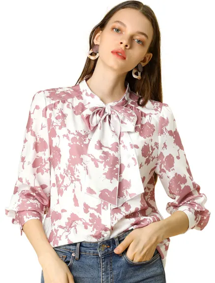 Allegra K- Bow Tie Long Sleeve Contrast Color Floral Blouse