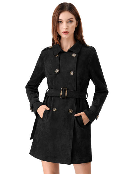 Allegra K- Notched Lapel Double Breasted Faux Suede Trenchcoat