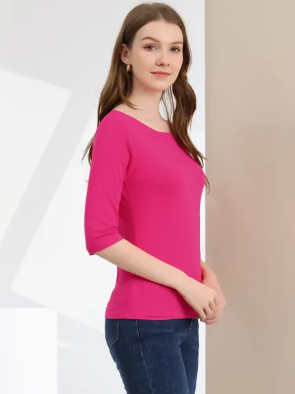 Allegra K- Elbow Sleeves Round Neck Slim Fit Tee