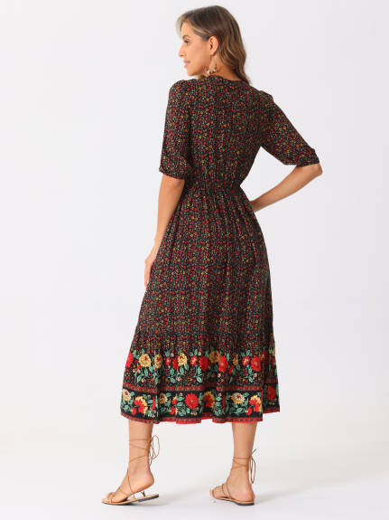 Allegra K - Floral Drawstring V-Neck Boho Dress