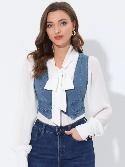 Allegra K- Gilet en jean boutonné à encolure dégagée