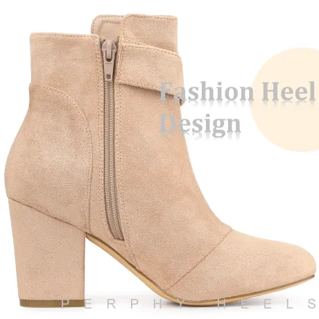 Allegra K - Round Toe Side Zip Buckle Block Heel Ankle Boots