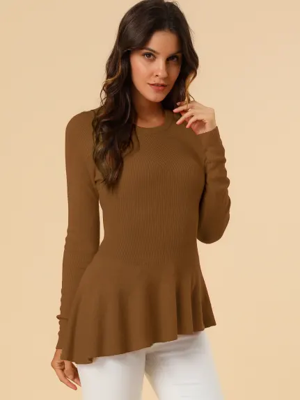 Allegra K- Ribbed Irregular Curved Hem Peplum Knit Top