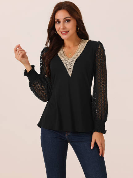 Allegra K - Lace V Neck Hallow Out Sleeve Blouse