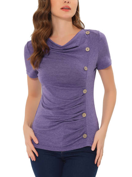 Allegra K - Cowl Neck Button Decor Ruched Top