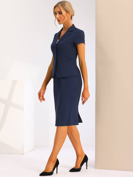 Allegra K- 2 Piece Suit Set Short Sleeve Blazer Jacket Pencil Skirt