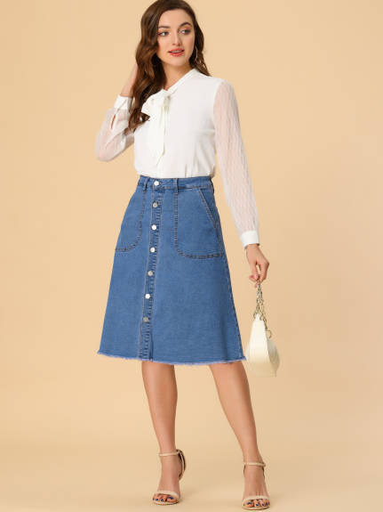 Allegra K- Raw Hem Button Down Denim Skirt