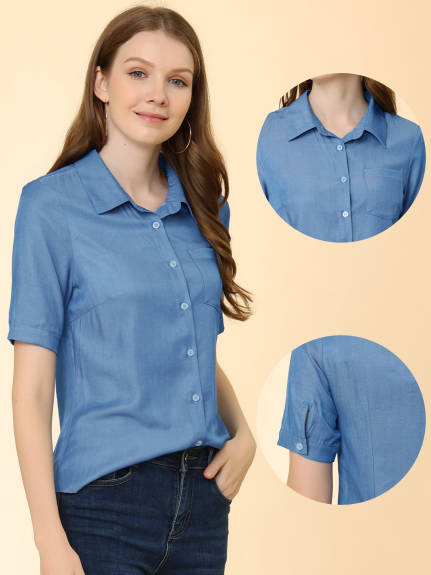 Allegra K - Button Up Summer Collar Chambray Denim Shirt