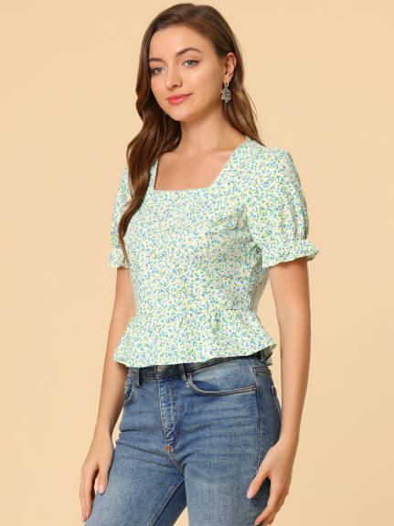 Allegra K - Floral Square Neck Puff Sleeve Ruffle Peplum Top