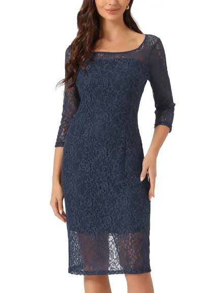 Allegra K- Lace 3/4 Sleeve Square Neck Midi Straight Tired Dress