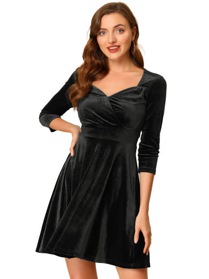 Allegra K- Sweetheart Neck 3/4 Sleeves Fit Velvet Dress