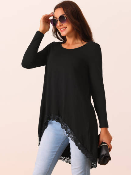 Allegra K - Long Sleeve High Low Lace Trim Blouse