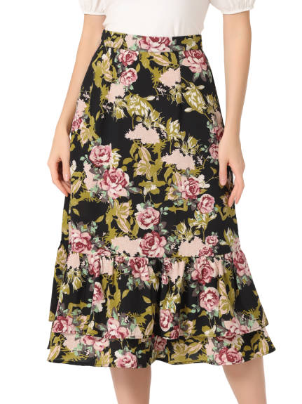 Allegra K- Printed Chiffon Ruffle Tiered Zipper Midi Skirt