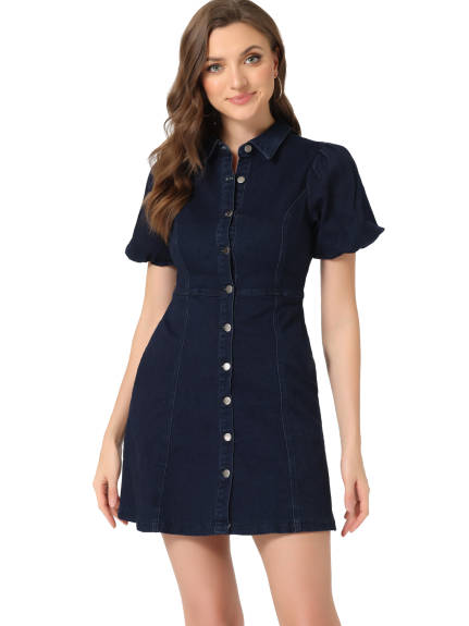 Allegra K- Puff Short Sleeve Button Denim Shirt Dress