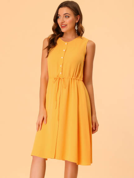 Allegra K- Sleeveless Button Front Drawstring Dress