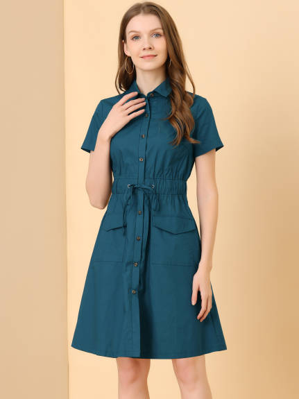 Allegra K- Button Down Cotton Flare Shirt Dress