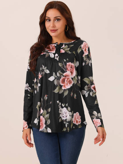 INSPIRE CHIC - Floral Print Henley V Neck Tunic Top