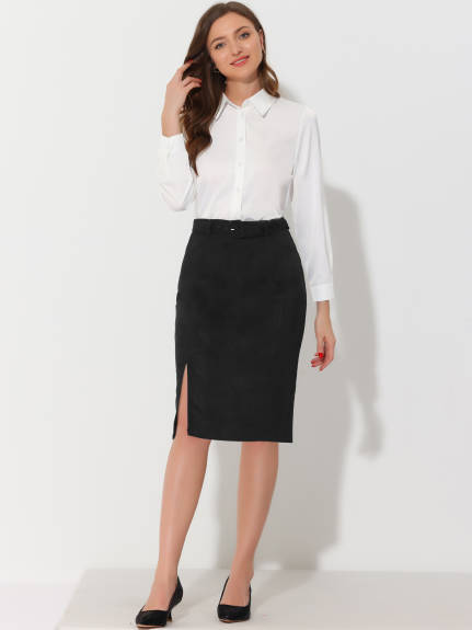 Allegra K- Faux Suede A-Line Belted Skirt