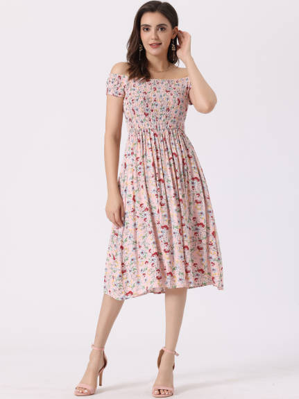 Allegra K- Off Shoulder Floral Smocked Dress